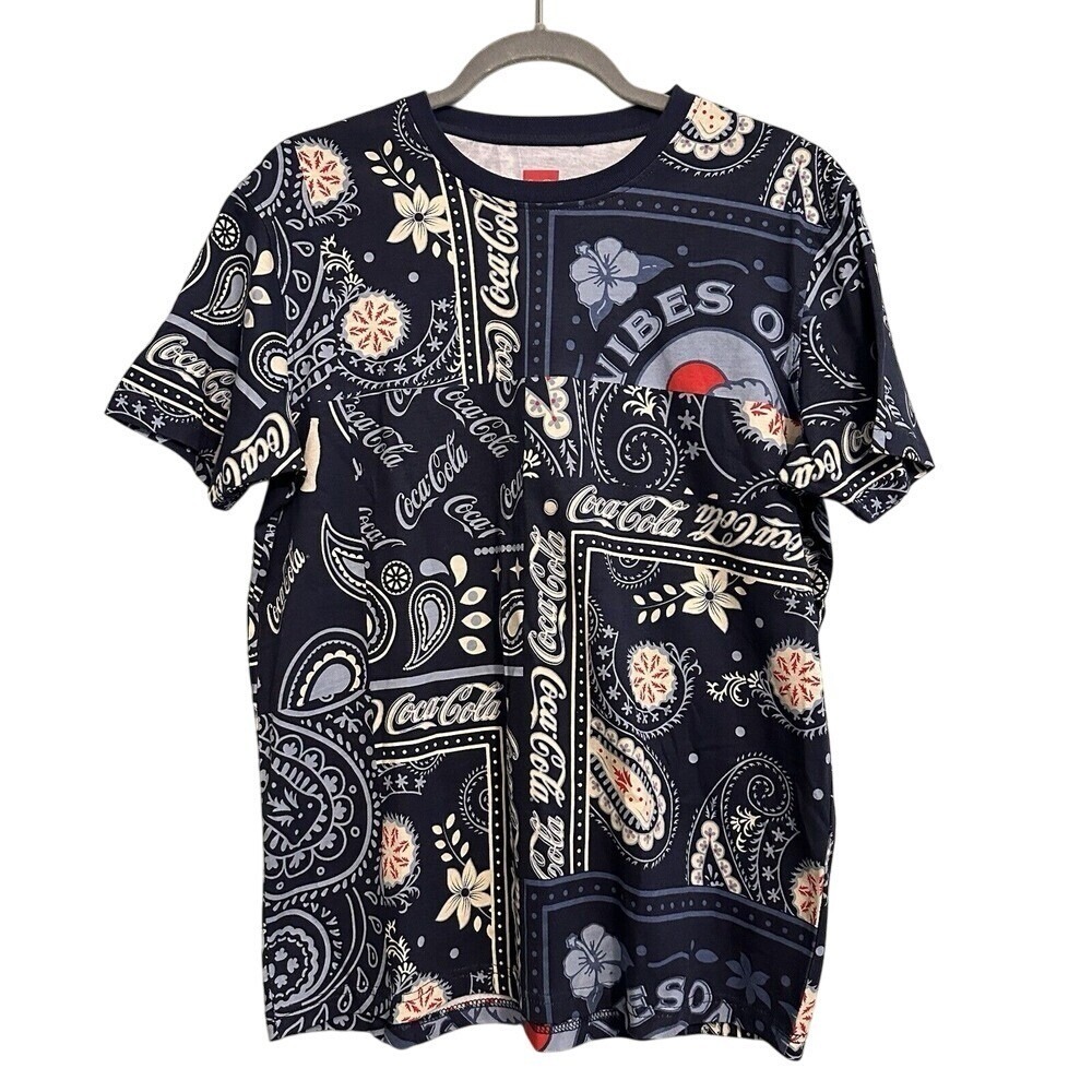 Staple Coca-Cola T-Shirt Mens Small Navy Blue Bandana Paisley All Over Print Tee